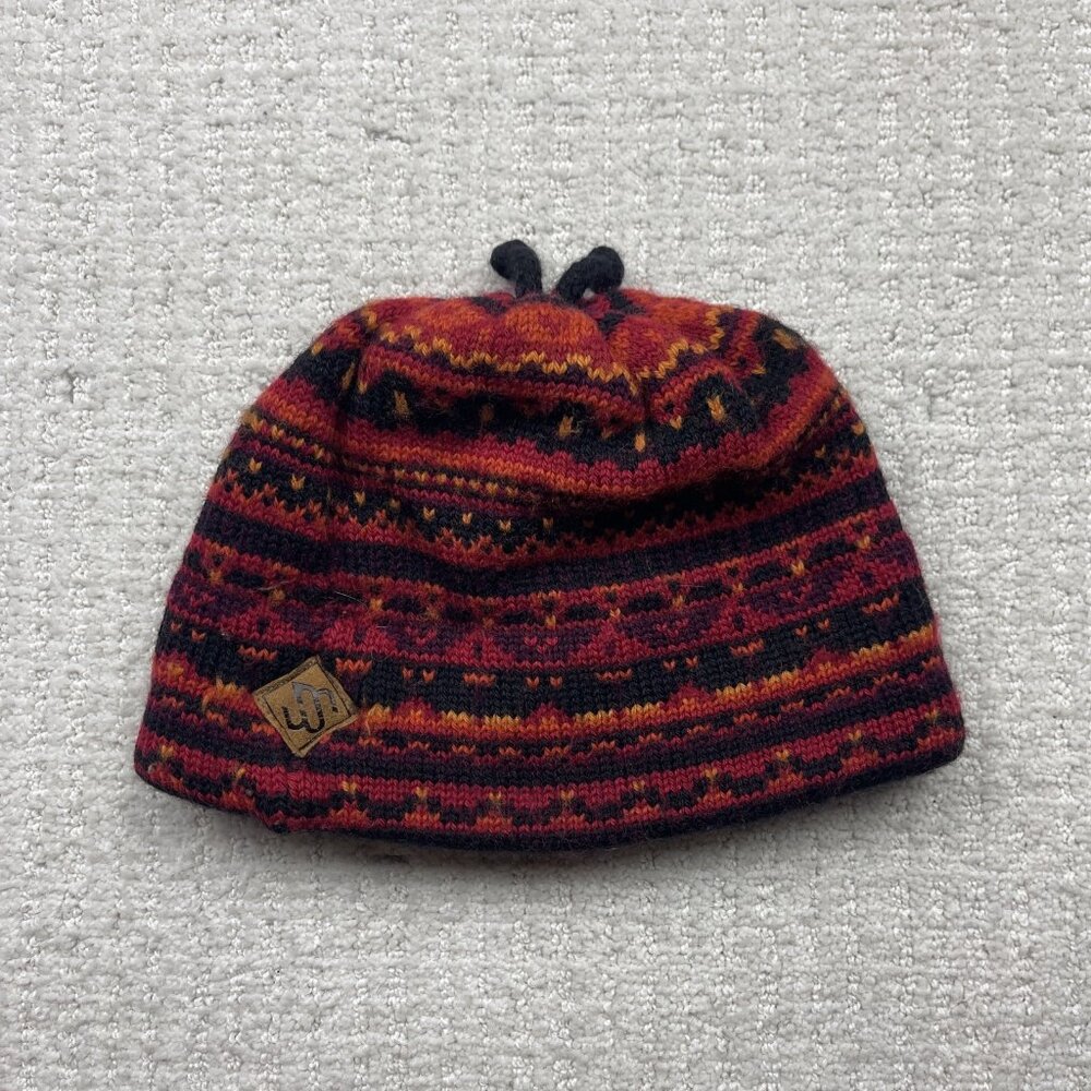 Vintage 90s Merkley Headgear Knit Ski Winter Hat Aztec Geometric Print Fire Red